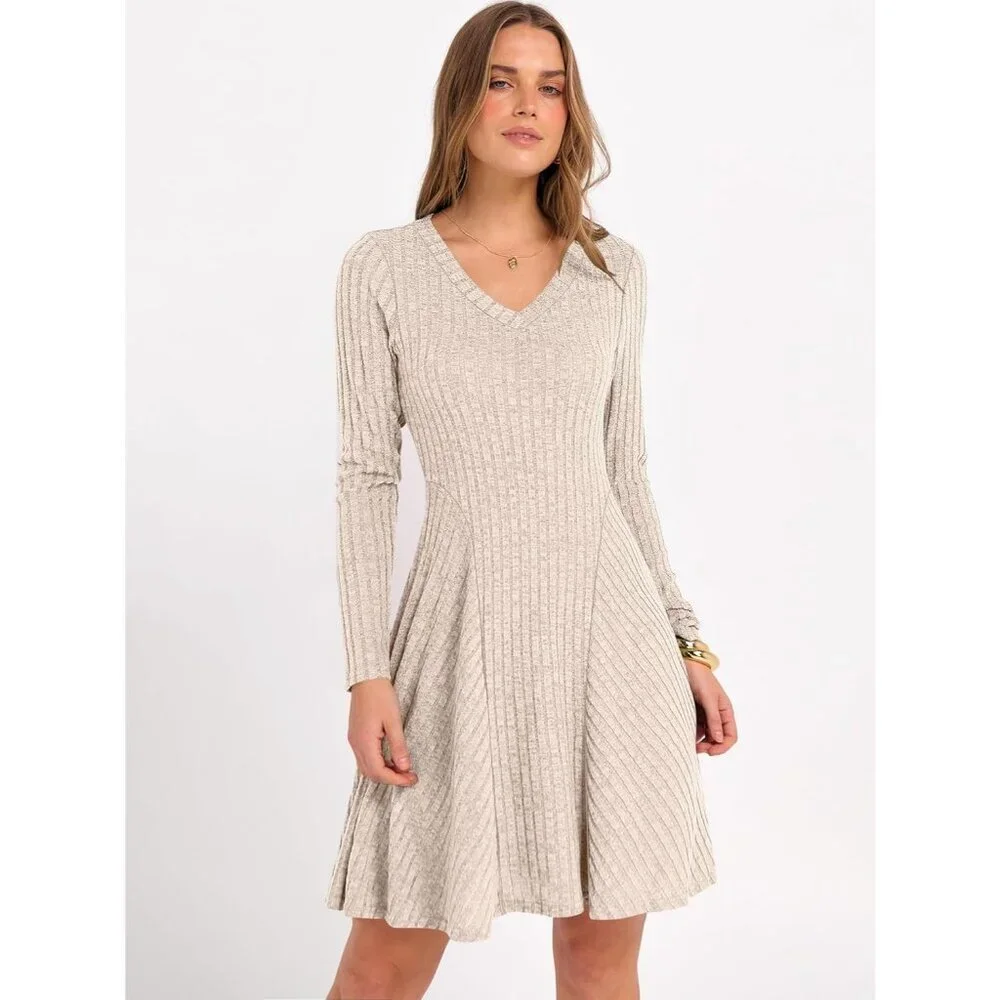 Women's Long Sleeve Ribbed Knit Short Dresses V Neck Swing Sweater Dress Beige - Picture 2 of 7